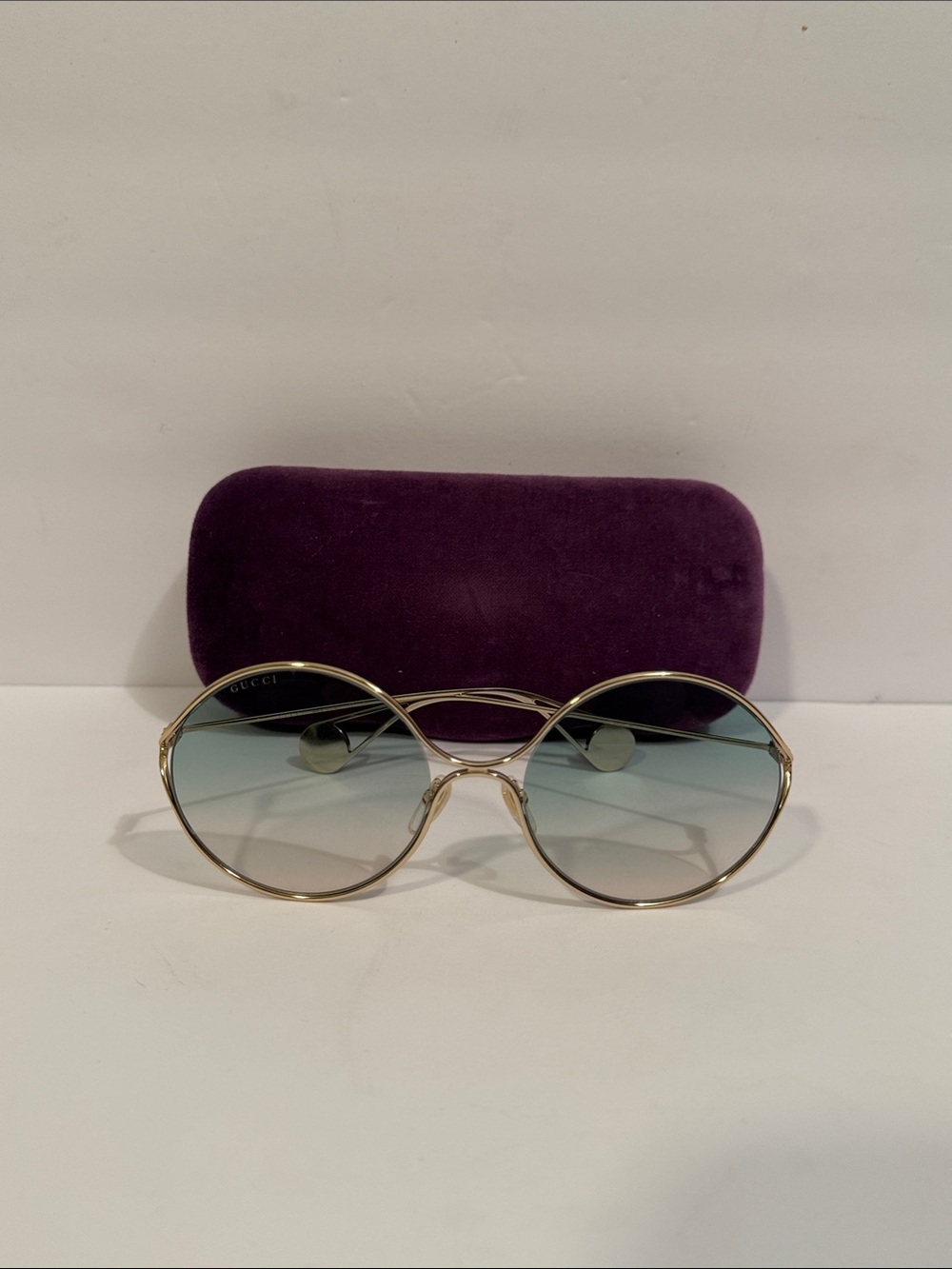 Gucci Gold Frame Sunglasses with Blue Gradient Lenses and Pearl Detail